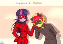 Size: 800x559 | Tagged: safe, artist:fallenangel5414, sunset shimmer, twilight sparkle, equestria girls, g4, becoming what you fear, chat noir, ear piercing, earring, equestria guys, female, half r63 shipping, hilarious in hindsight, irony, jewelry, ladynoir, male, miraculous ladybug, piercing, ring, rule 63, ship:sunsetsparkle, ship:twiglare, shipping, straight, sunset glare