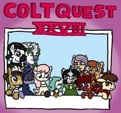 Size: 640x600 | Tagged: safe, artist:ficficponyfic, oc, oc only, oc:adetokunbo, oc:emerald jewel, oc:giles pecan, oc:hope blossoms, oc:joyride, oc:papillon, oc:praline, oc:ruby rouge, oc:sensoria, donkey, earth pony, griffon, pony, unicorn, zebra, colt quest, :t, adult, amulet, angry, bandana, bedroom eyes, blind, bowtie, cast, clothes, colt, crowd, cute, cyoa, earring, eyes closed, eyeshadow, female, femboy, filly, floppy ears, flower, flower in hair, frown, glare, grin, hair over eyes, hair over one eye, handkerchief, happy, hat, hidden eyes, hood, horn, jewelry, logo, maid, makeup, male, mantle, mare, open mouth, photo, picture, piercing, pirate, ponytail, recap, robe, smiling, sweater, title, title card, toque, unamused, waving, wide eyes