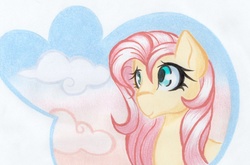 Size: 1024x677 | Tagged: safe, artist:emberslament, fluttershy, g4, female, sky, solo, traditional art