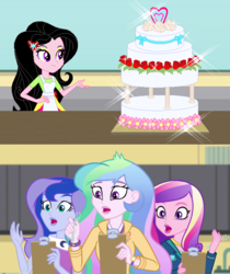 Size: 640x761 | Tagged: safe, artist:karalovely, edit, edited screencap, screencap, dean cadance, princess cadance, princess celestia, princess luna, principal celestia, vice principal luna, oc, oc:kara lovely, acadeca, equestria girls, g4, my little pony equestria girls: friendship games, apron, cake, clothes, female, food, open mouth, royal sisters, sisters