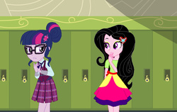 Size: 722x455 | Tagged: safe, artist:karalovely, edit, sci-twi, twilight sparkle, oc, oc:kara lovely, equestria girls, g4, my little pony equestria girls: friendship games, canterlot high, clothes, confused, crystal prep academy uniform, recolor, school uniform