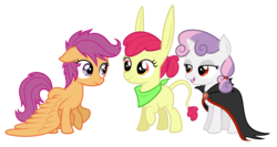 Size: 4752x2520 | Tagged: safe, artist:thecheeseburger, apple bloom, scootaloo, sweetie belle, donkey, earth pony, pegasus, pony, unicorn, vampire, vampony, g4, alternate universe, bandana, cape, clothes, confused, cutie mark crusaders, donkey ears, donkified, fangs, female, filly, frown, group, high res, large wings, lidded eyes, messy mane, open mouth, race swap, raised hoof, red eyes, simple background, smiling, smirk, species swap, transparent background, trio, vector, wide eyes, wings