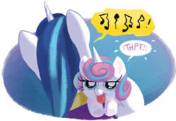 Size: 453x312 | Tagged: safe, artist:amy mebberson, princess flurry heart, shining armor, g4, good night baby flurry heart, burp, cute, faic, father and daughter, flurrybetes, music notes, onomatopoeia, raspberry, raspberry noise, tongue out