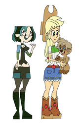 Size: 1157x1785 | Tagged: safe, artist:hunterxcolleen, applejack, human, equestria girls, g4, crossover, giggling, gurgi, gwen (total drama), humanized, the black cauldron, total drama, total drama island