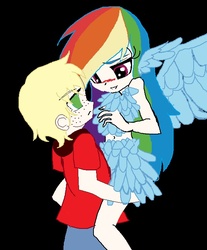 Size: 558x675 | Tagged: safe, artist:applecider1412, big macintosh, rainbow dash, human, g4, belly button, blue skirt, blushing, bra, clothes, female, humanized, male, midriff, ship:rainbowmac, shipping, skirt, sports bra, straight