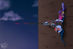 Size: 1024x683 | Tagged: safe, artist:midnightpremiere, earth pony, pony, crossover, female, gun, hooves, mare, optical sight, overwatch, ponified, rifle, sniper rifle, solo, weapon, widowmaker