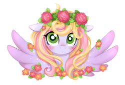 Size: 1460x1000 | Tagged: safe, artist:0biter, oc, oc only, oc:rosely, blushing, cute, floppy ears, floral head wreath, looking at you, ocbetes, solo