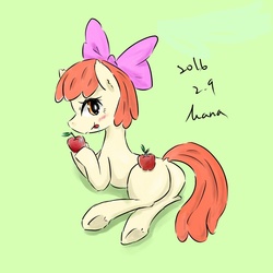 Size: 1000x1000 | Tagged: safe, artist:kanaowo, apple bloom, earth pony, pony, g4, :p, apple, bloom butt, blushing, bow, butt, dock, drool, female, filly, foal, food, fruit, green background, hair bow, licking, licking lips, looking at you, looking back, looking back at you, plot, shadow, signature, simple background, smiling, smiling at you, solo, tongue out