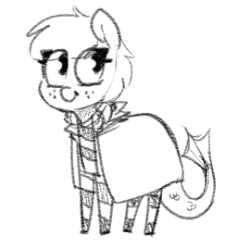 Size: 270x269 | Tagged: source needed, safe, artist:whydomenhavenipples, oc, oc only, oc:flo, merpony, pony, animated, cape, clothes, cute, female, freckles, monochrome, scarf, smiling, socks, solo, striped socks