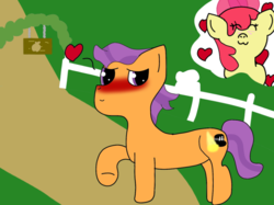 Size: 775x579 | Tagged: safe, artist:pinkiecupcakeva, apple bloom, tender taps, g4, on your marks, blushing, heart, shipping, tenderbloom, thought bubble