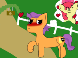 Size: 775x579 | Tagged: safe, artist:pinkiecupcakeva, apple bloom, tender taps, g4, my little pony: friendship is magic, on your marks, blushing, heart, ship:tenderbloom, shipping, thought bubble