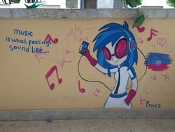 Size: 1600x1200 | Tagged: safe, artist:avizo-23, dj pon-3, vinyl scratch, equestria girls, g4, earbuds, graffiti, humanized, ipod, irl, mp3 player, photo, quote, solo