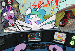 Size: 4000x2707 | Tagged: safe, artist:orang111, princess celestia, twilight sparkle, alicorn, pony, g4, austria, cartoon physics, controller, crash, dashboard, drool, female, locomotive, mare, spark, splat, tongue out, train, twilight sparkle (alicorn)