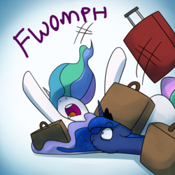 Size: 1200x1200 | Tagged: safe, artist:anticular, princess celestia, princess luna, alicorn, pony, ask sunshine and moonbeams, g4, duo, duo female, falling, female, luggage, majestic as fuck, mare, nose in the air, suitcase