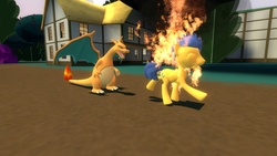 Size: 1360x768 | Tagged: safe, artist:mk513, flash sentry, charizard, pegasus, pony, g4, 3d, abuse, burning, fire, flashabuse, gmod, on fire, pokémon