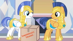 Size: 1024x576 | Tagged: safe, artist:endendragon, flash sentry, g4, box, implied scootaloo, royal guard