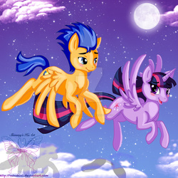 Size: 1024x1024 | Tagged: safe, artist:satoshix1, flash sentry, twilight sparkle, alicorn, pony, g4, blushing, female, first flight, flying, male, mare, moon, night, ship:flashlight, shipping, smiling, straight, twilight sparkle (alicorn), watermark