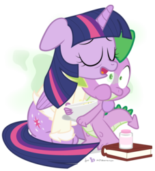 Size: 800x880 | Tagged: safe, artist:dm29, spike, twilight sparkle, alicorn, pony, g4, bathrobe, clothes, duo, female, food, germs, mama twilight, mare, pill bottle, robe, sick, soup, twilight sparkle (alicorn)