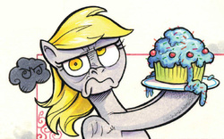 Size: 722x450 | Tagged: safe, artist:andy price, derpy hooves, dreary, pegasus, pony, friendship is magic #41, g4, spoiler:comic, cupcake, female, food, grumpy, mare, solo