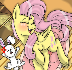 Size: 2046x2000 | Tagged: safe, artist:artistcoolpony, angel bunny, fluttershy, pony, g4, angry, blushing, duo, high res, yay