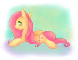 Size: 870x670 | Tagged: safe, artist:phyllismi, fluttershy, g4, female, looking at you, looking back, prone, simple background, solo, sploot