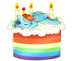 Size: 3000x2500 | Tagged: safe, artist:pillonchou, rainbow dash, g4, cake, female, food, hat, high res, party hat, ponies in food, sleeping, solo
