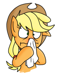 Size: 779x1025 | Tagged: safe, artist:anyponedrawn, applejack, g4, cold, cute, handkerchief, nose blowing, red nosed, sick, simple background, tissue, transparent background
