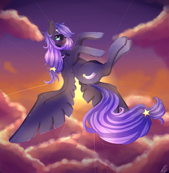 Size: 2700x2772 | Tagged: safe, artist:xkittyblue, oc, oc only, oc:midnight wish, cloud, flying, high res, solo, sunset