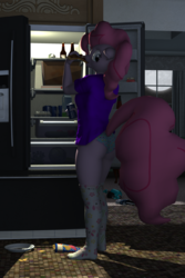Size: 2000x3000 | Tagged: safe, artist:tahublade7, pinkie pie, earth pony, anthro, plantigrade anthro, g4, 3d, ass, blue underwear, butt, chips, clothes, daz studio, female, food, high res, panties, plate, refrigerator, sans (undertale), sans pie, soda, solo, undertale, underwear