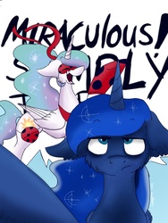 Size: 768x1024 | Tagged: safe, artist:lumepone, princess celestia, princess luna, g4, clothes, cosplay, costume, eyeroll, floppy ears, fluffy, miraculous ladybug