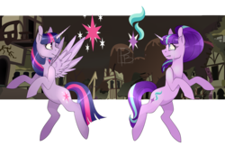 Size: 4349x3000 | Tagged: safe, artist:hfinder, starlight glimmer, twilight sparkle, alicorn, pony, g4, the cutie re-mark, counterparts, crying, female, forest, gritted teeth, mare, rearing, ruins, spread wings, twilight sparkle (alicorn), twilight's counterparts
