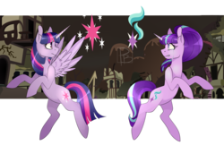 Size: 4349x3000 | Tagged: safe, artist:hfinder, starlight glimmer, twilight sparkle, alicorn, pony, g4, my little pony: friendship is magic, the cutie re-mark, counterparts, crying, female, forest, gritted teeth, mare, rearing, ruins, spread wings, twilight sparkle (alicorn), twilight's counterparts