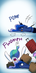 Size: 1200x2400 | Tagged: safe, artist:anticular, princess celestia, princess luna, alicorn, pony, ask sunshine and moonbeams, g4, descriptive noise, duo, duo female, female, floppy ears, lanyard, mare, meme, nose in the air, pomf, prone, suitcase, tired, tongue out, wide eyes