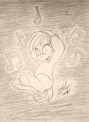 Size: 806x1101 | Tagged: safe, artist:fuzon-s, button mash, g4, buttonbetes, cute, happy, hatless, headphones, male, missing accessory, monochrome, music notes, sketch, solo, style emulation, traditional art, underhoof, yuji uekawa style