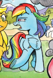 Size: 272x397 | Tagged: safe, artist:andypriceart, idw, applejack, rainbow dash, dreary, pegasus, pony, g4, spoiler:comic, spoiler:comic41, angry, butt, female, mare, plot