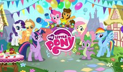 Size: 1024x600 | Tagged: safe, gameloft, screencap, applejack, cheese sandwich, fluttershy, pinkie pie, rainbow dash, rarity, spike, twilight sparkle, alicorn, pony, g4, balloon, crown, female, game, loading screen, looking at you, mane seven, mane six, mare, my little pony logo, twilight sparkle (alicorn)
