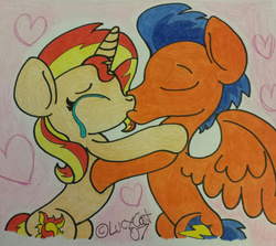 Size: 540x481 | Tagged: safe, artist:lucycat07, flash sentry, sunset shimmer, pony, unicorn, equestria girls, g4, female, male, ship:flashimmer, shipping, straight