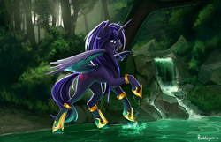 Size: 4000x2577 | Tagged: safe, artist:rublegun, oc, oc only, alicorn, pony, alicorn oc, anklet, bracelet, fangs, forest, jewelry, lake, nature, open mouth, raised hoof, rearing, signature, smiling, solo, spread wings, water, waterfall