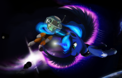Size: 2540x1623 | Tagged: safe, artist:discordthege, princess luna, alicorn, pony, g4, cosmonaut, planet, ponified, prehensile tail, space, spaceship, spacesuit, spread wings, tongue out, yuri gagarin