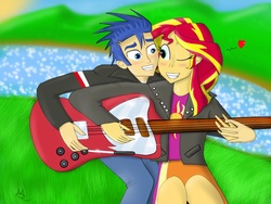 Size: 1024x768 | Tagged: safe, artist:konfettimayhem, flash sentry, sunset shimmer, equestria girls, g4, female, guitar, heart, male, musical instrument, ship:flashimmer, shipping, straight, sunset shredder