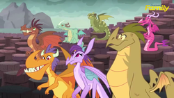 Size: 1280x720 | Tagged: safe, screencap, amarant, ballista, barry, billy, prominence, rex, viverno, dragon, g4, gauntlet of fire, 8^y, background dragon, discovery family logo, dragoness, female, male, teenaged dragon