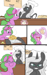 Size: 3300x5281 | Tagged: safe, artist:anonopony, oc, oc:gizmo gears, oc:salem cuisine, pony, unicorn, bakery, bandana, bread, chef's hat, comic, eating, evil smile, eyes closed, food, glasses, glowing horn, grin, hat, heart, horn, magic, muffin, nose in the air, smiling, telekinesis, this will end in weight gain, tongue out, usb necklace, witch