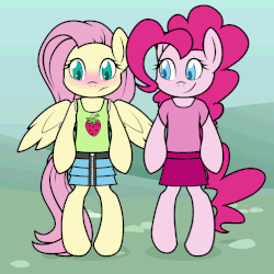 Size: 1058x1058 | Tagged: safe, artist:liggliluff, derpibooru exclusive, fluttershy, pinkie pie, pony, semi-anthro, g4, animated, assisted exposure, belly button, bipedal, blushing, clothes, embarrassed, embarrassed underwear exposure, female, frilly underwear, humiliation, panties, pantsing, prank, ribbon, skirt, striped underwear, tank top, underwear, undressing, unzipping, wingboner, zipper, zipper skirt