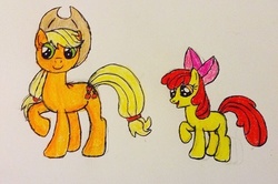 Size: 640x425 | Tagged: safe, artist:riverartist08, apple bloom, applejack, g4, open mouth, sisters, traditional art