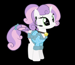 Size: 2072x1800 | Tagged: safe, artist:zeldafreak159, sweetie belle, pony, unicorn, g4, alternate cutie mark, alternate universe, bell, bell collar, black background, bow, clothes, collar, female, headset, older, older sweetie belle, simple background, solo, tail bow