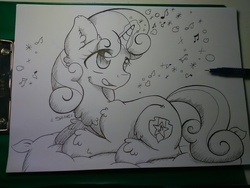 Size: 2592x1944 | Tagged: safe, artist:rainbowshine94, sweetie belle, g4, chest fluff, cutie mark, ear fluff, female, magic, monochrome, solo, the cmc's cutie marks, traditional art, unshorn fetlocks