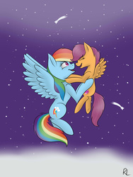 Size: 1024x1365 | Tagged: safe, artist:rainbowline001, rainbow dash, scootaloo, pony, g4, cute, cutealoo, cutie mark, dashabetes, female, filly, holding a pony, night, scootalove, stars, the cmc's cutie marks