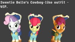 Size: 936x521 | Tagged: safe, artist:fillerartist, apple bloom, scootaloo, sweetie belle, earth pony, pegasus, pony, unicorn, g4, 3d, boots, clothes, cow belle, cowboy boots, cowboy hat, cutie mark crusaders, female, filly, foal, hat, looking at you, shirt, shoes, skirt, smiling, source filmmaker, trio, wip