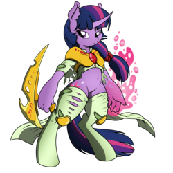 Size: 3000x3000 | Tagged: safe, artist:dfectivedvice, artist:pananovich, twilight sparkle, anthro, unguligrade anthro, g4, breasts, clothes, digitalized, female, guard, high res, hoof hands, mage, magic, simple background, solo, sword, torn clothes, transparent background, weapon