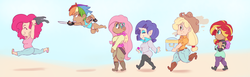 Size: 2793x865 | Tagged: safe, artist:sundown, applejack, fluttershy, pinkie pie, rainbow dash, rarity, sunset shimmer, human, g4, angry, assisted exposure, chase, chibi, chubby, cigarette, clothes, flying, horn, horned humanization, humanized, jacqueline applebuck, juliette d'rarie, panties, pants, pantsing, smiling, smoking, tank top, underwear, white underwear, winged humanization
